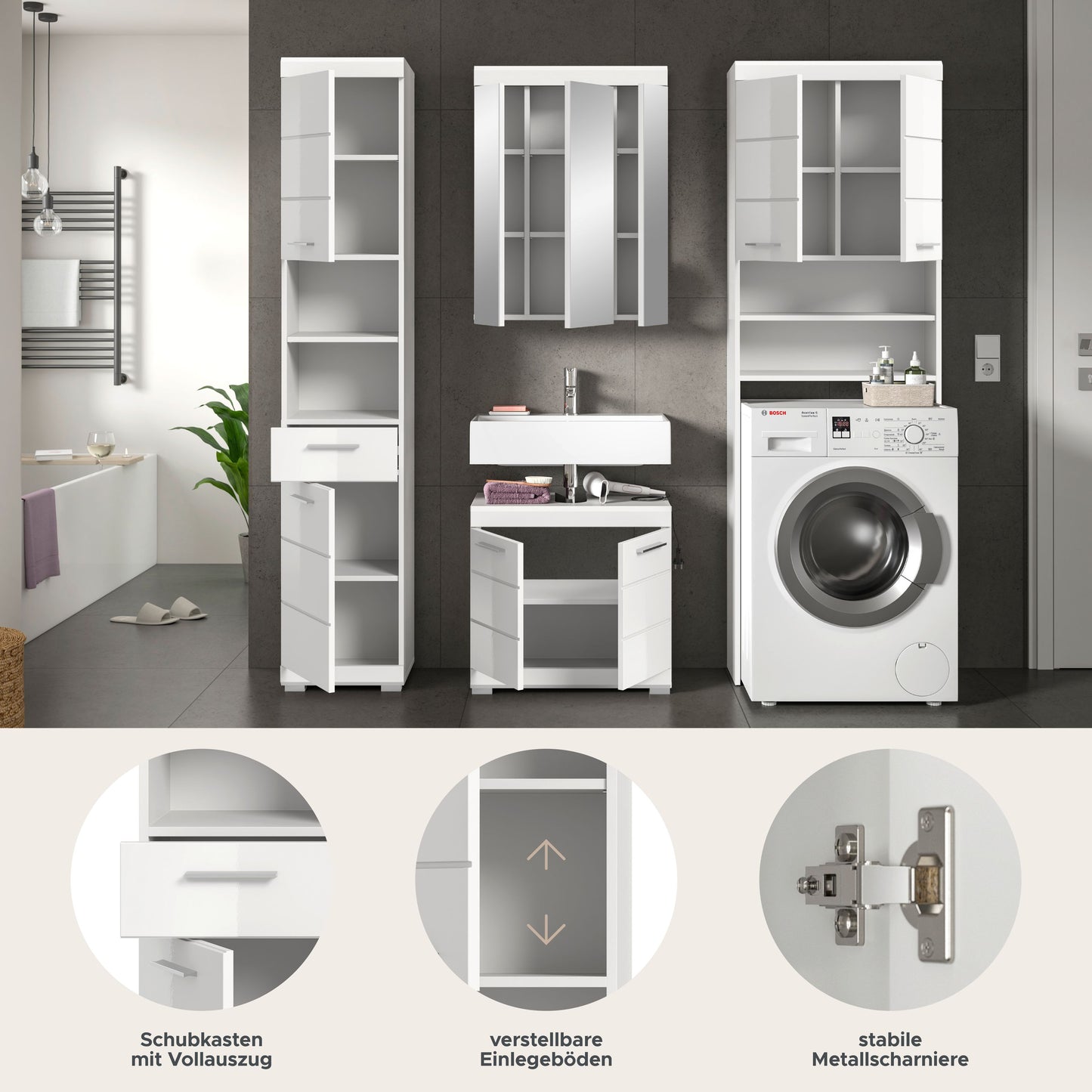 Weißes Badezimmer-Set mit Spiegelschrank, Hochschrank, Waschschrank und Waschmaschine