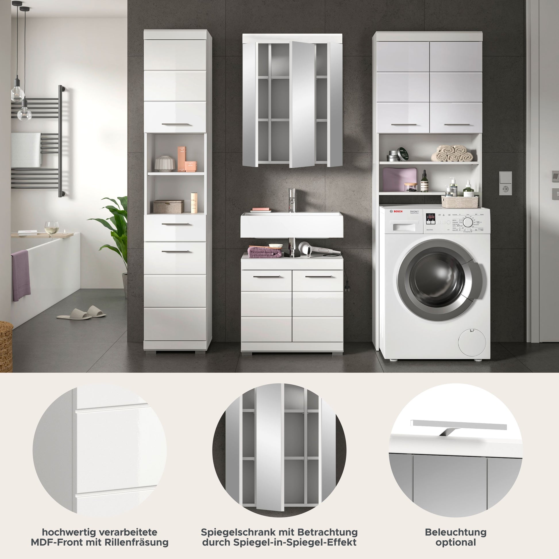 Weißes Badezimmer-Set mit Spiegelschrank, Hochschrank, Waschtisch-Element und Waschmaschine
