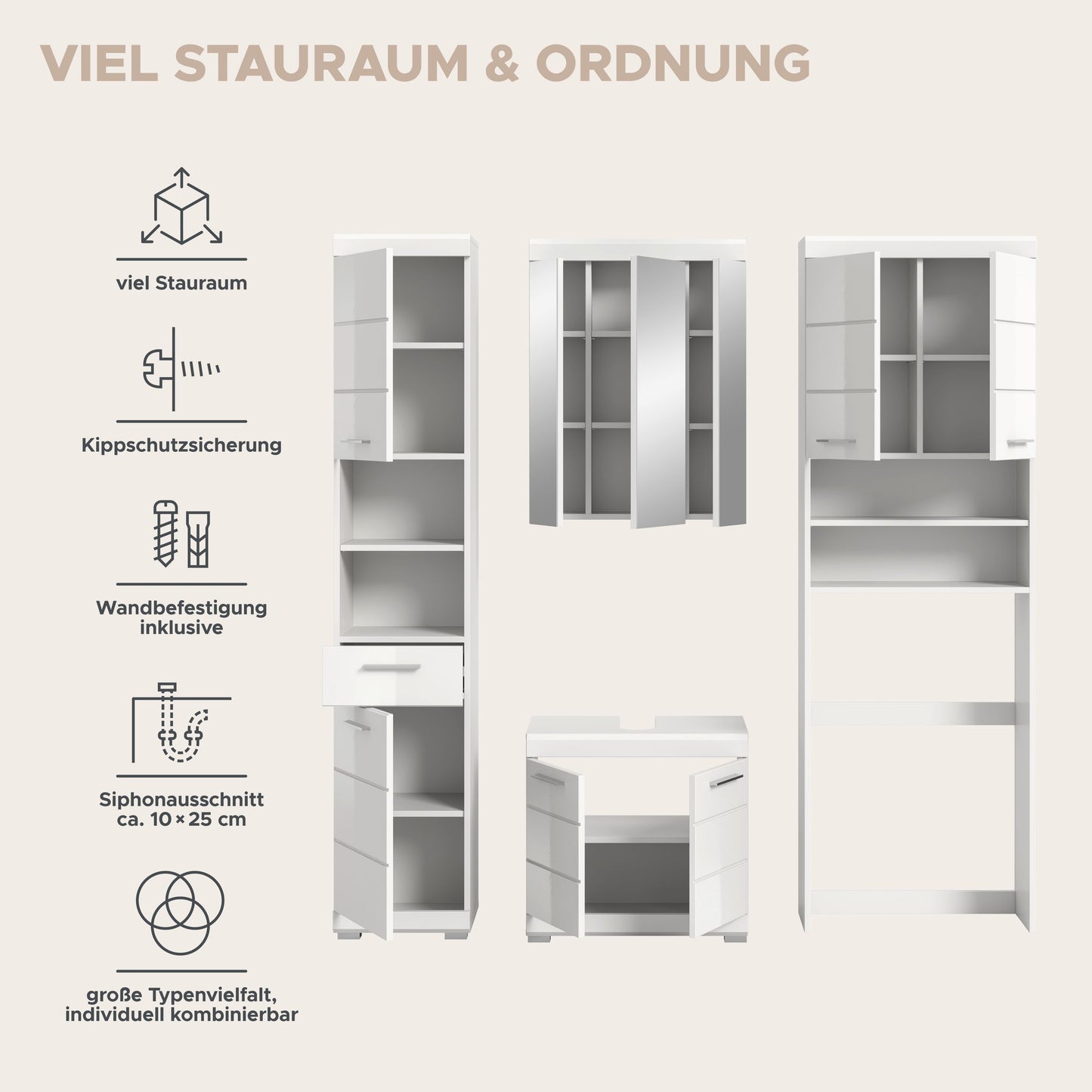 Weißes Badezimmerset mit Kippenschutz, Hochschrank und Spiegelschrank