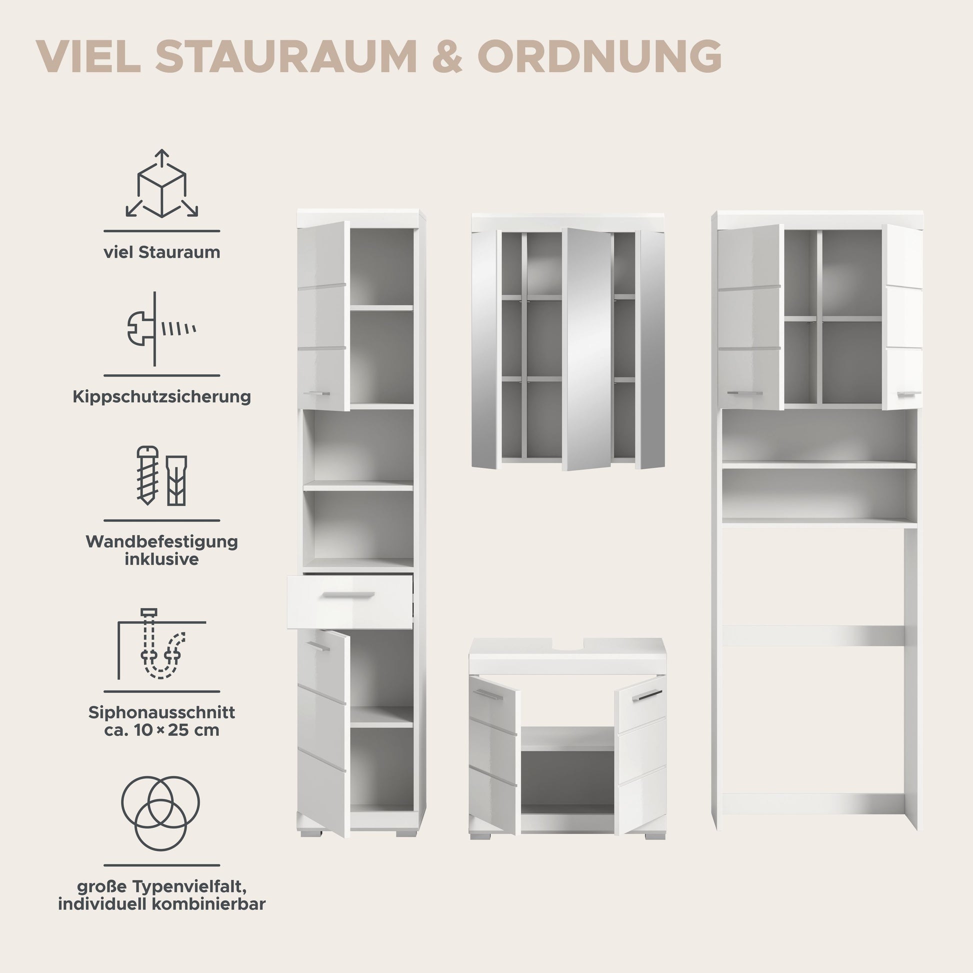 Weißes Badezimmerset mit Kippenschutz, Hochschrank und Spiegelschrank