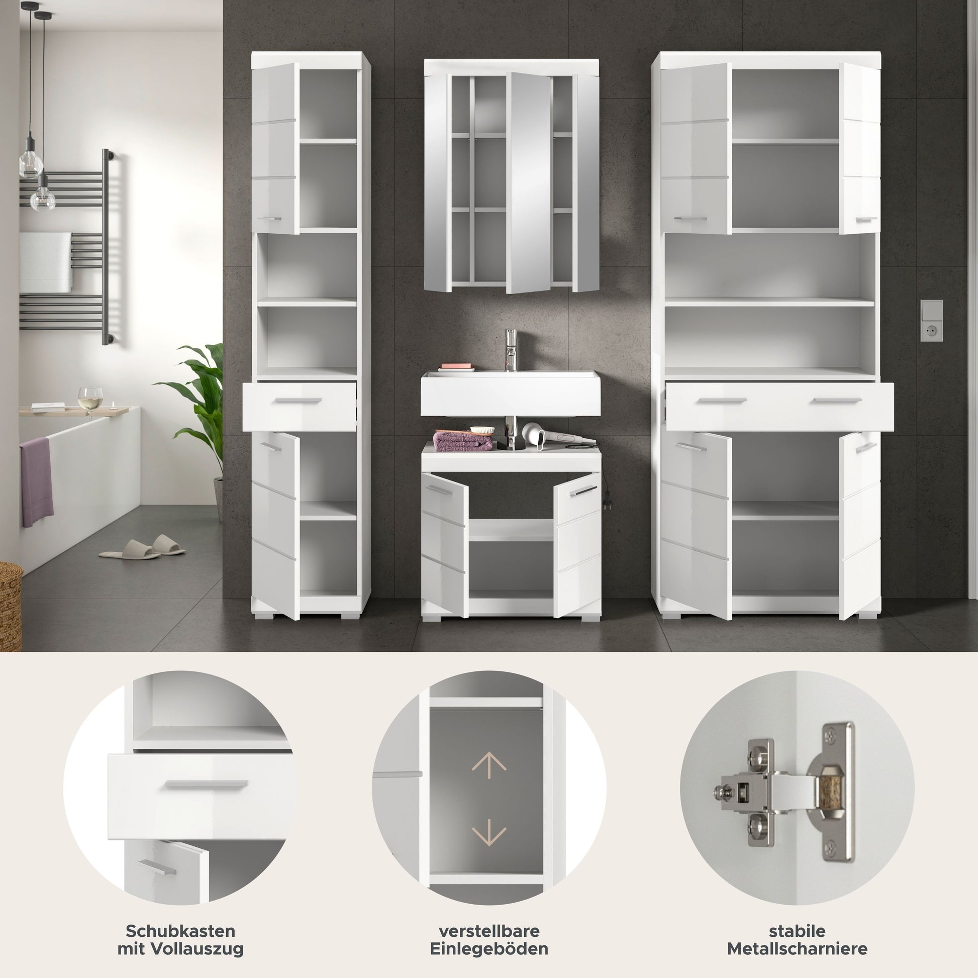Weißes Badezimmerset (4-teilig) mit Hochschränken, Spiegelschrank und Waschtisch