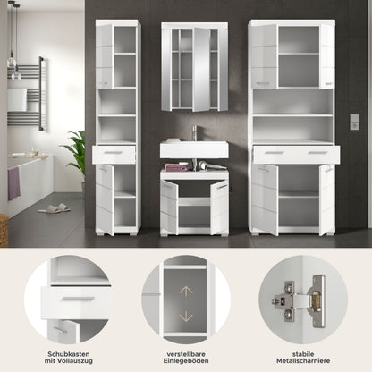 Weißes Badezimmerset (4-teilig) mit Hochschränken, Spiegelschrank und Waschtisch