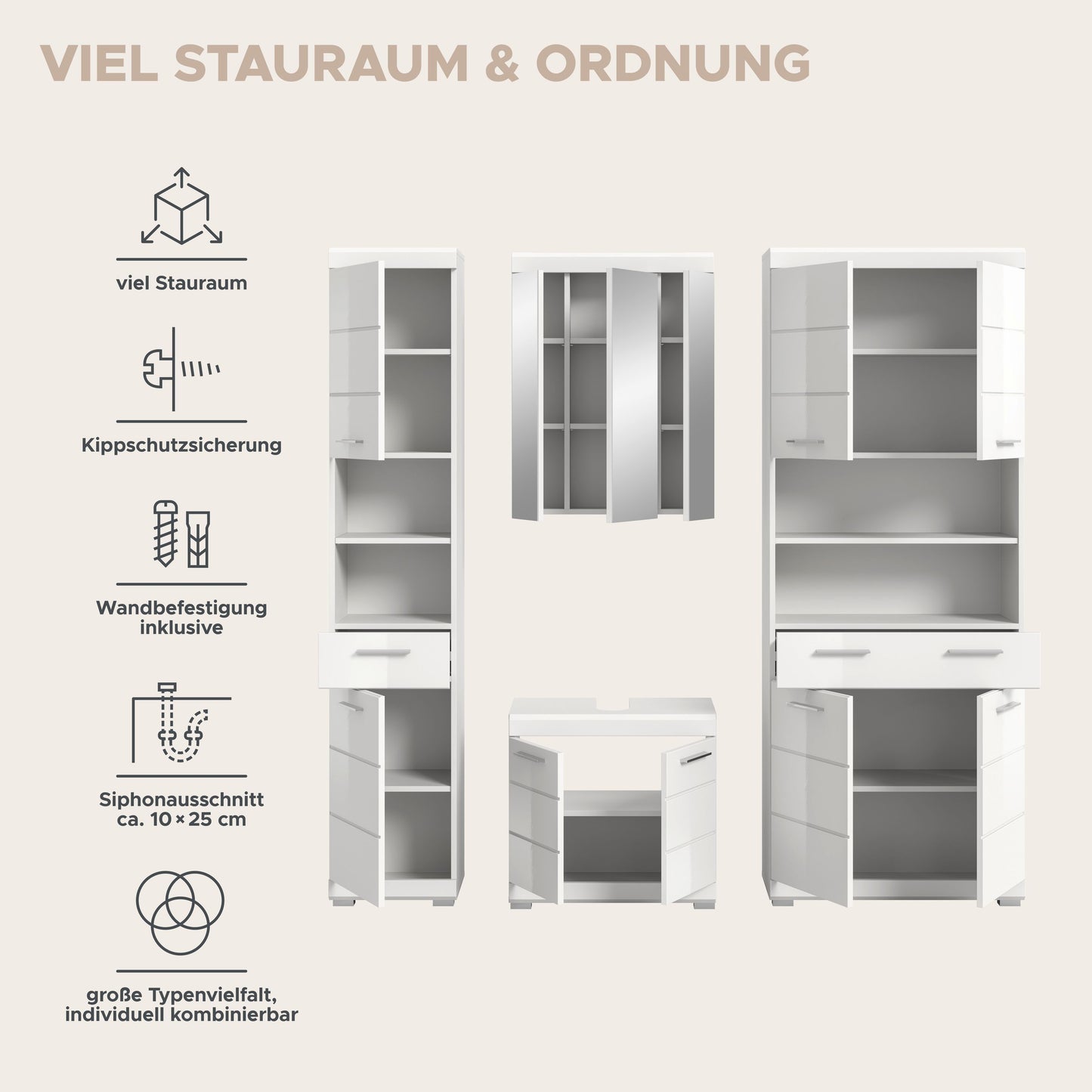Homes & Jones Badezimmerset (4-teilig) mit Hochschrank, Spiegelschrank und Waschtisch, weiß/Eiche-Optik