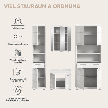 Homes & Jones Badezimmerset (4-teilig) mit Hochschrank, Spiegelschrank und Waschtisch, weiß/Eiche-Optik