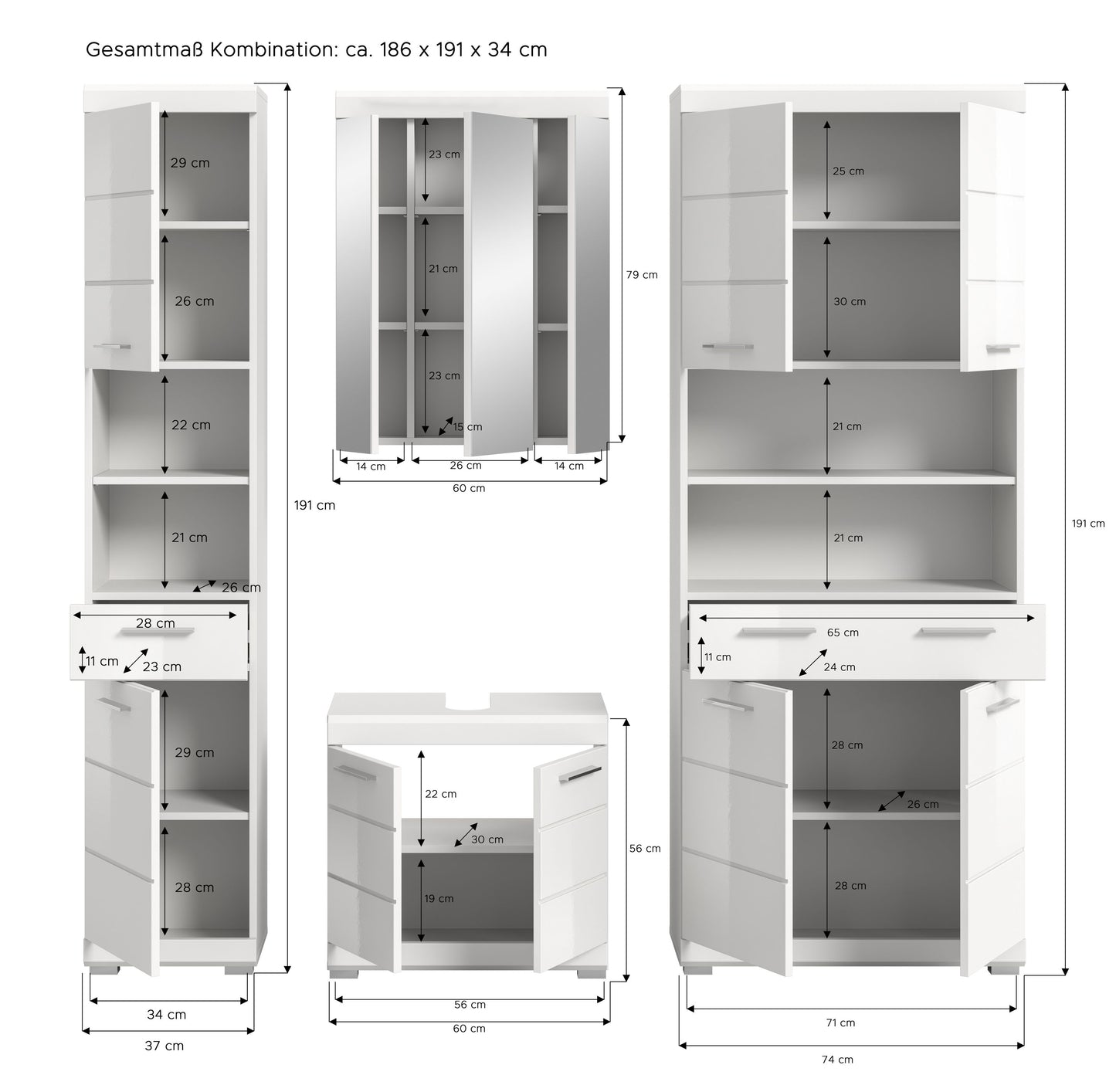 Homes & Jones Badezimmerset (4-teilig) mit Maßangaben zu Hochschrank, Spiegelschrank und Unterschrank