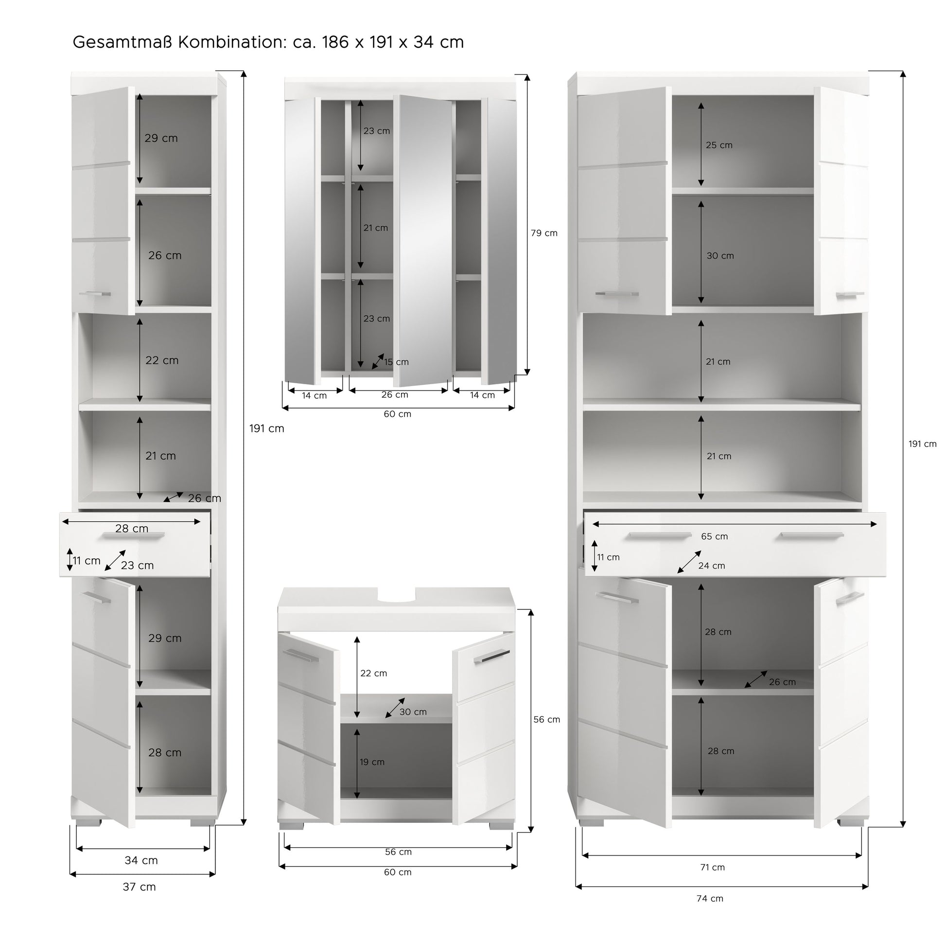 Homes & Jones Badezimmerset (4-teilig) mit Maßangaben zu Hochschrank, Spiegelschrank und Unterschrank