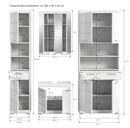 Homes & Jones Badezimmerset (4-teilig) mit Maßangaben zu Hochschrank, Spiegelschrank und Unterschrank