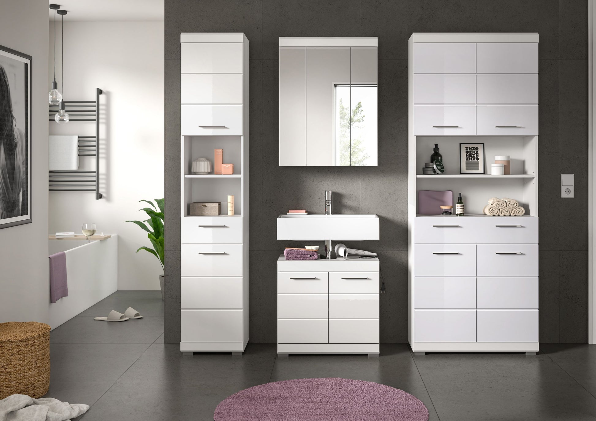 Homes & Jones Badezimmerset (4-teilig) in Weiß, mit Spiegelschrank und Stauraum-Schränken