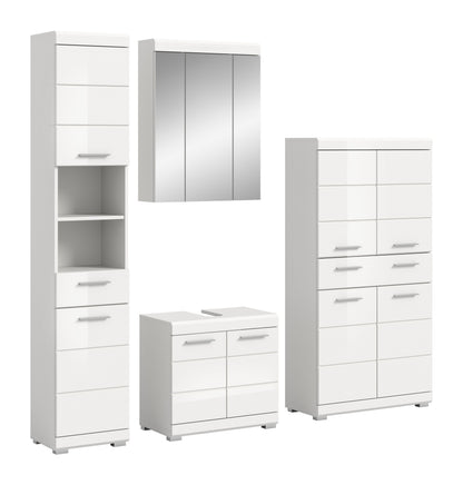 Weißes 4-tlg. Badezimmerset mit Hochschrank, Spiegelschrank und Unterschrank