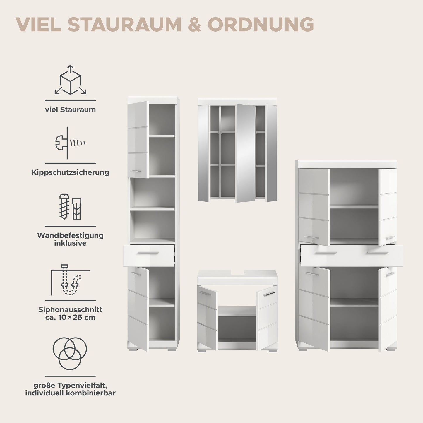 4-tlg. Badezimmerset in Holzdekor: Hochschrank, Spiegelschrank und Unterschrank