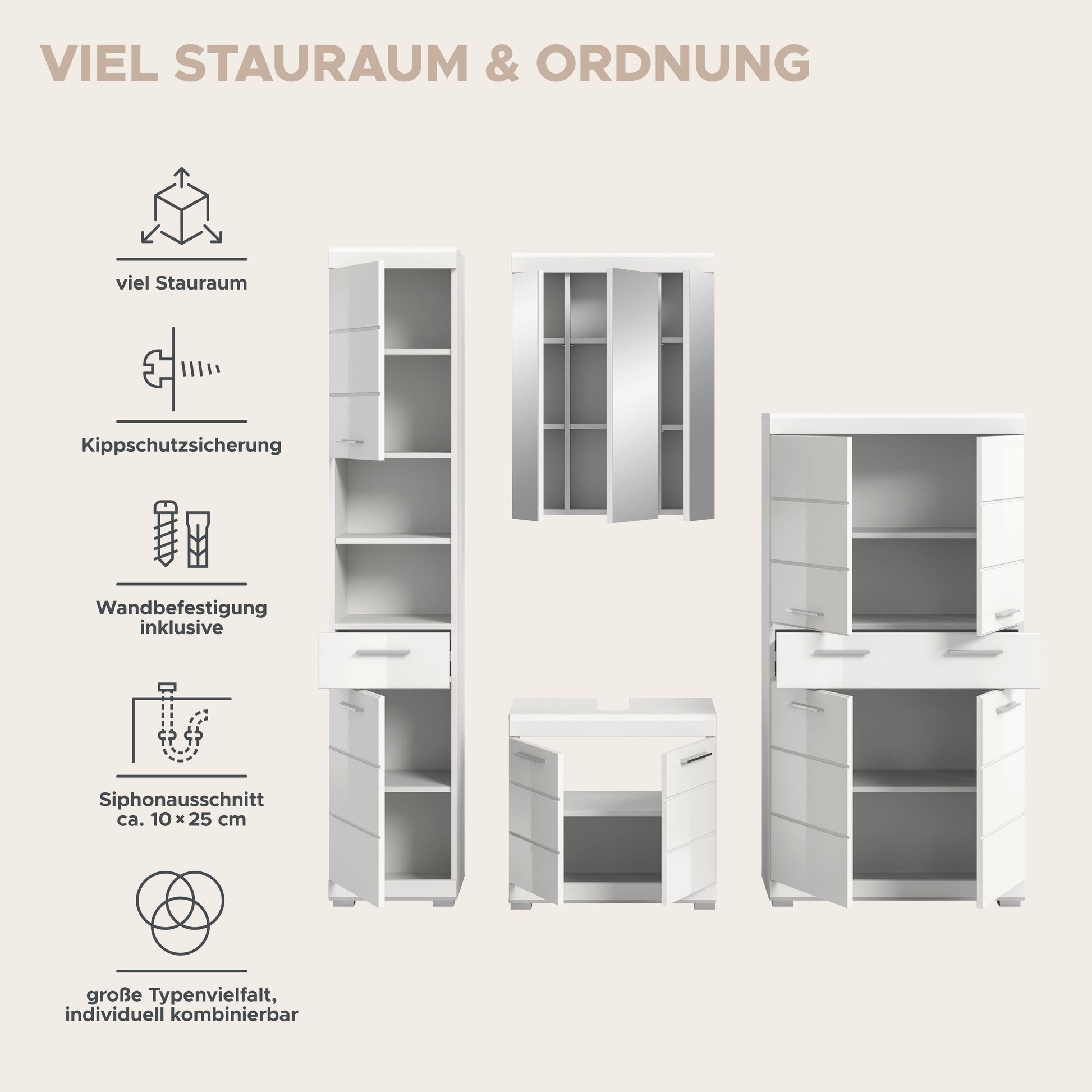 4-tlg. Badezimmerset in Holzdekor: Hochschrank, Spiegelschrank und Unterschrank