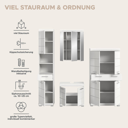 4-tlg. Badezimmerset in Holzdekor: Hochschrank, Spiegelschrank und Unterschrank
