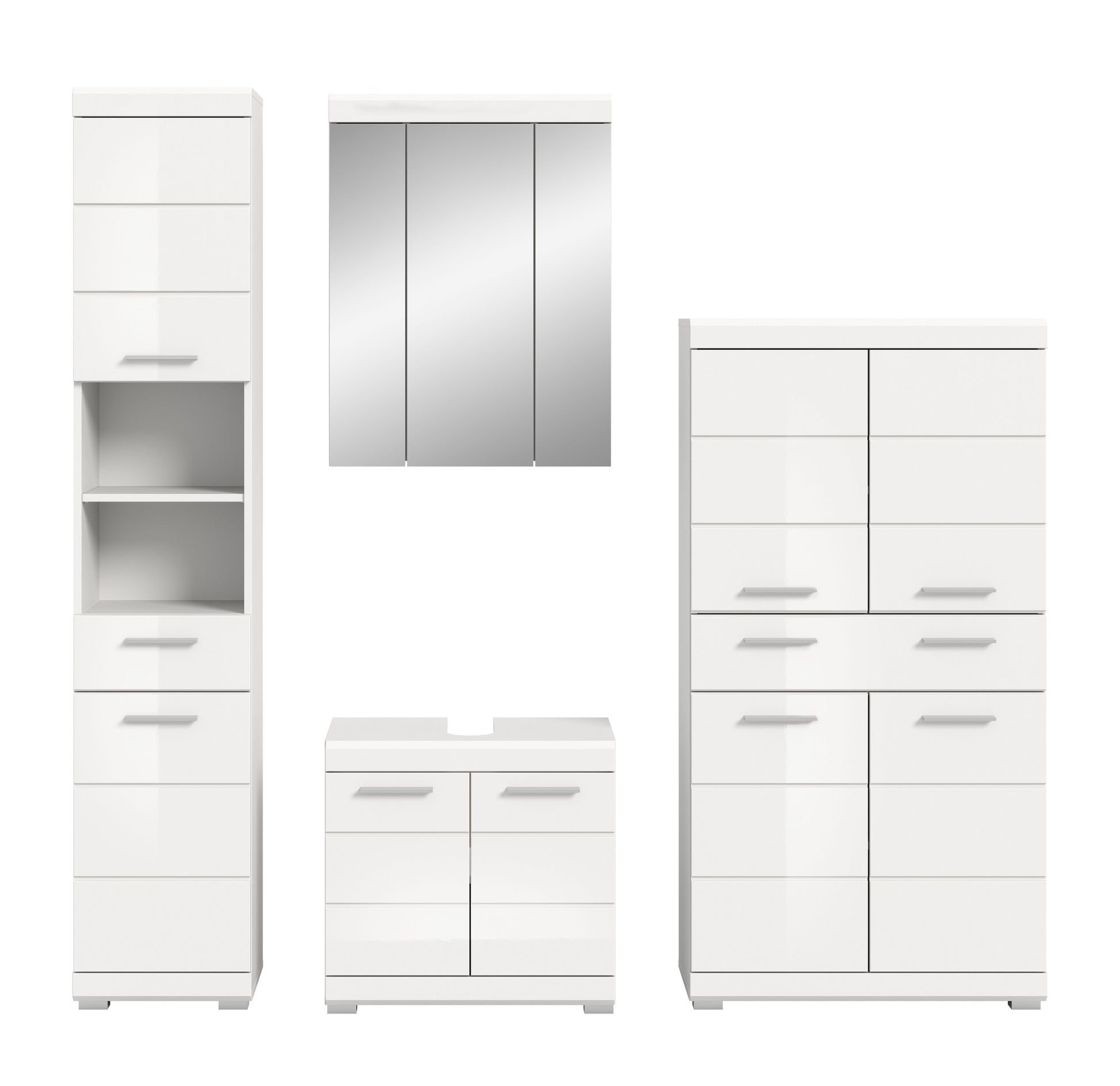 Weißes Badezimmerset, 4-teilig: Hochschrank, Spiegelschrank, Waschbeckenschrank und Kommode
