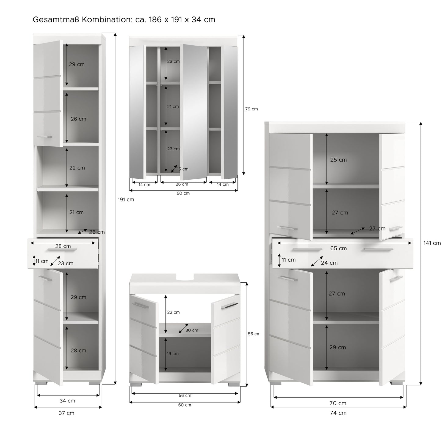 Maßübersicht zum Badezimmerset: Hochschrank, Spiegelschrank und Unterschrank in Weiß