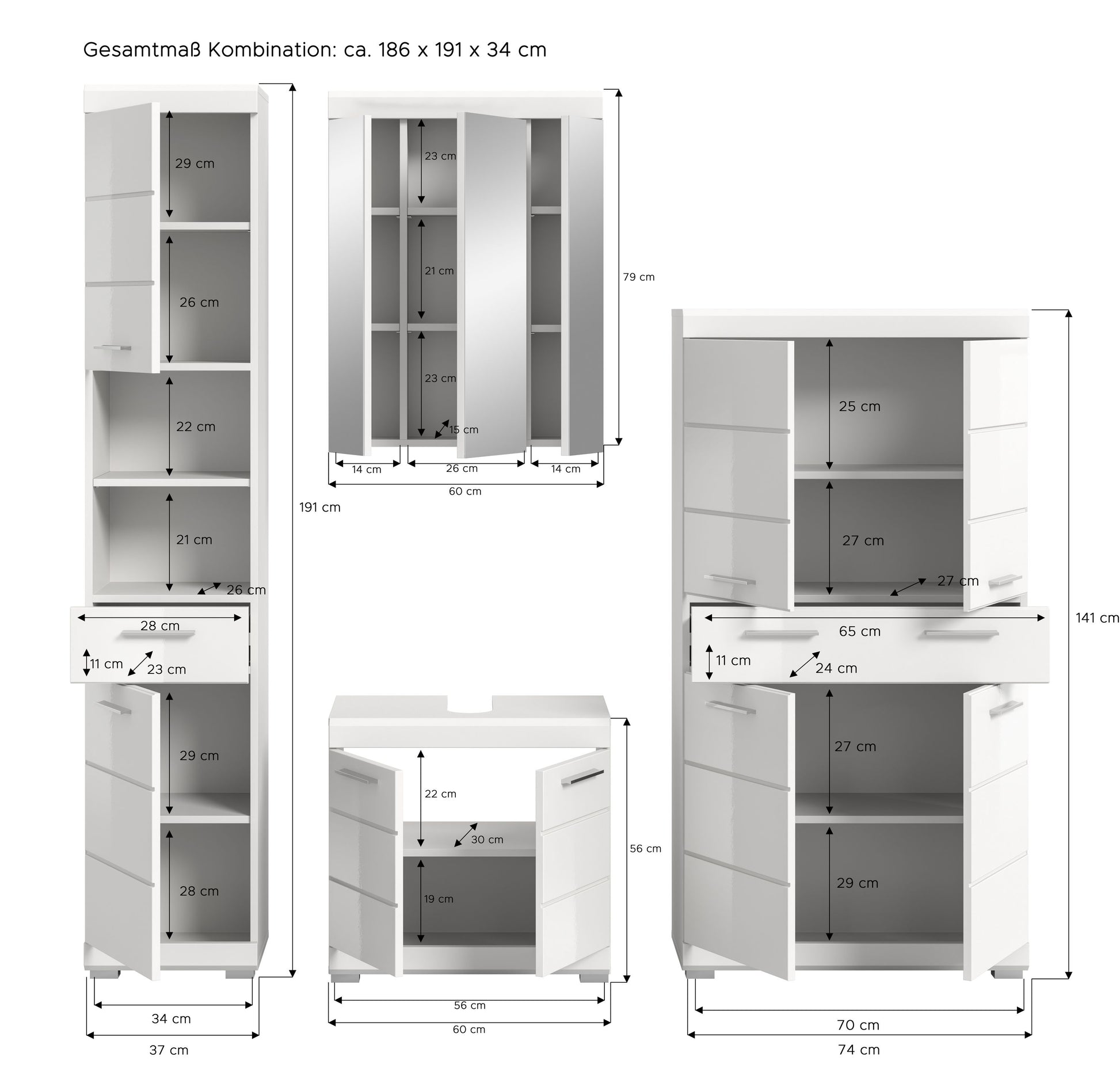 Maßübersicht zum Badezimmerset: Hochschrank, Spiegelschrank und Unterschrank in Weiß
