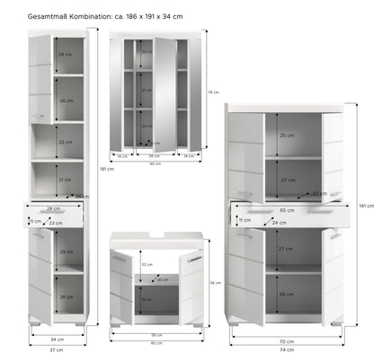 Maßübersicht zum Badezimmerset: Hochschrank, Spiegelschrank und Unterschrank in Weiß