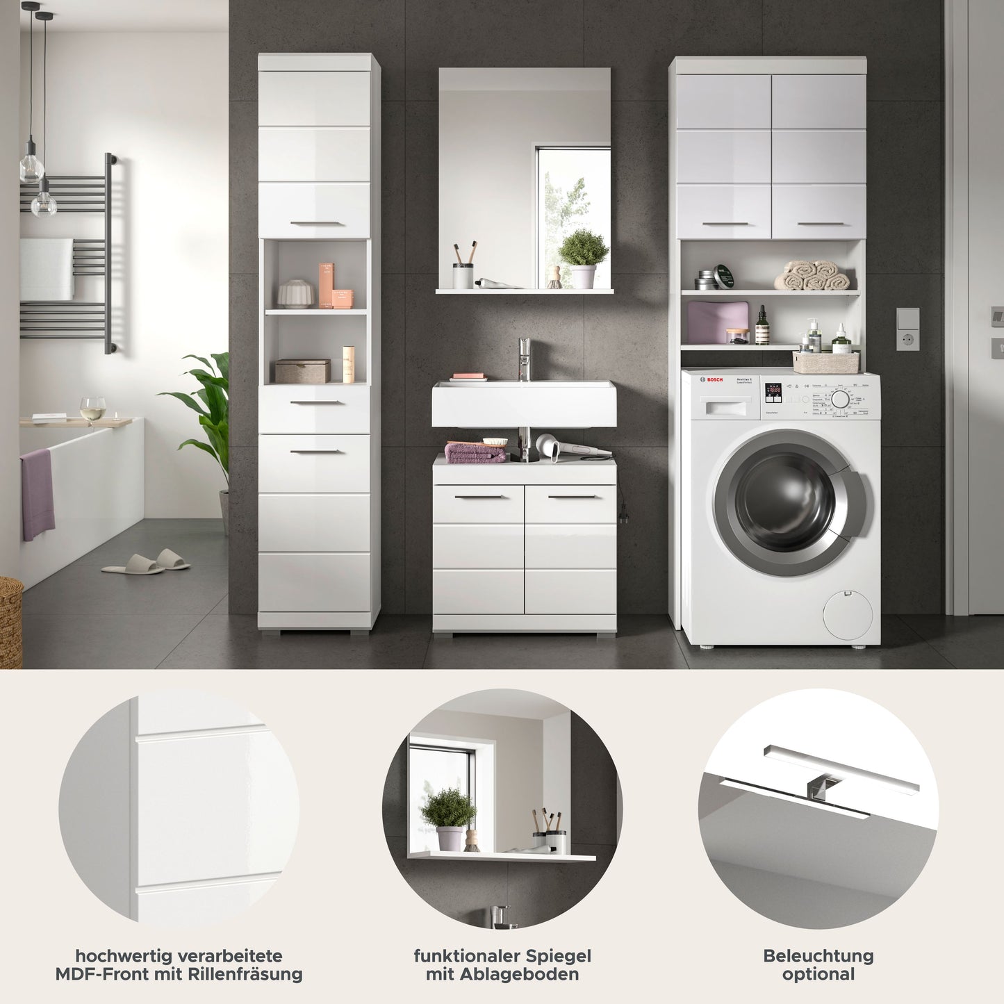 Homes & Jones Badezimmerset 4tlg., Badezimmer Set mit Waschmaschinenschrank
