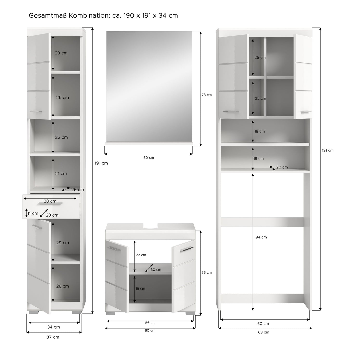 Homes & Jones Badezimmerset 4tlg., Badezimmer Set mit Waschmaschinenschrank
