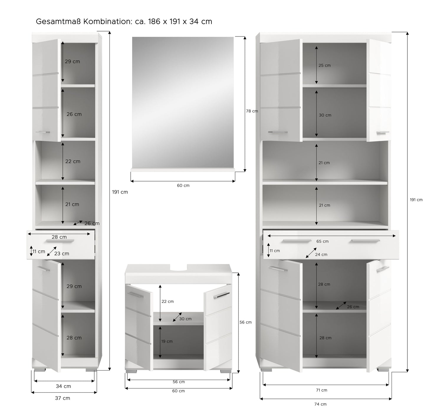 Homes & Jones Badezimmerset 4tlg., Badezimmer Set mit Midi Badezimmerschrank