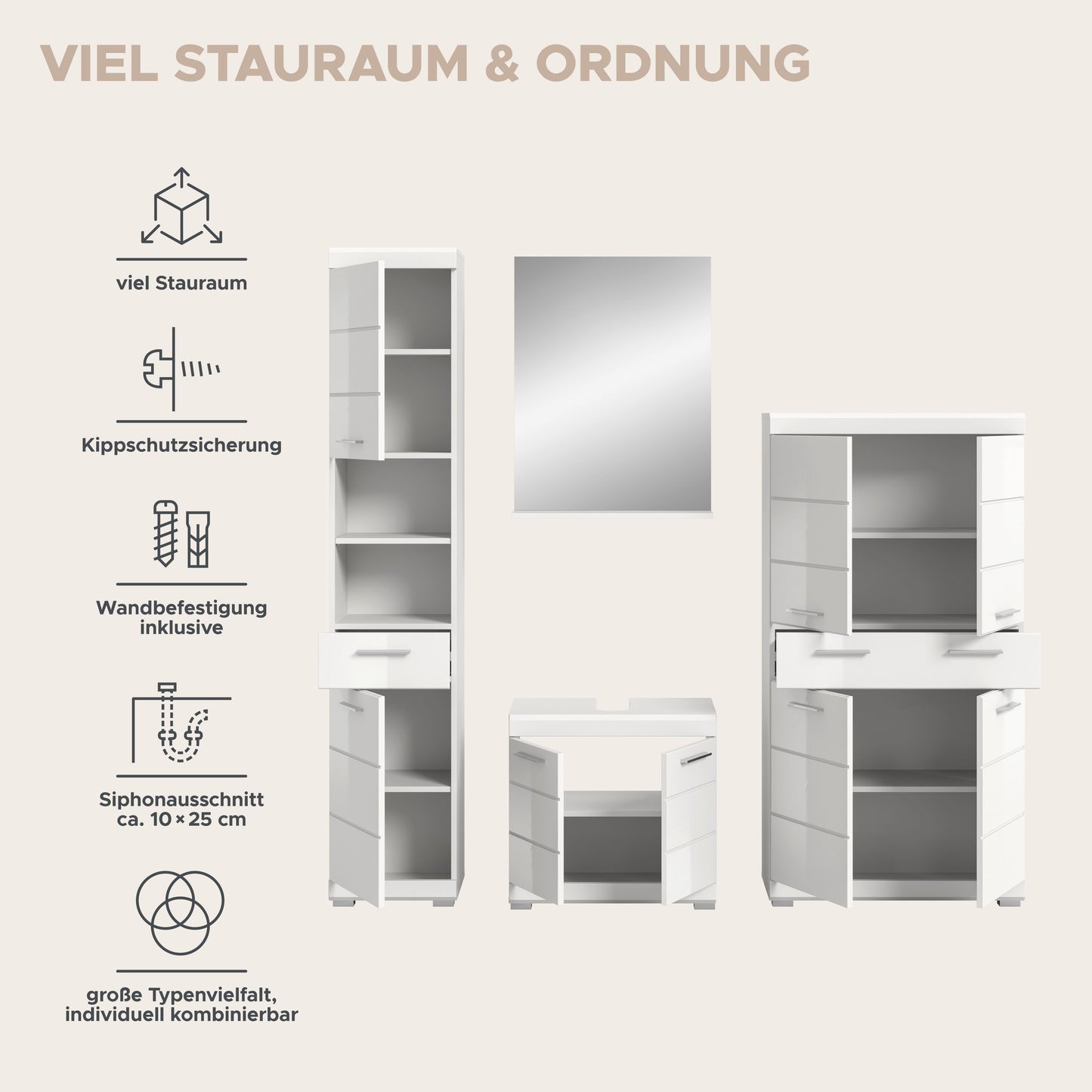 Homes & Jones Badezimmerset 4tlg., Badezimmer Set mit  Schränken und  Spiegel