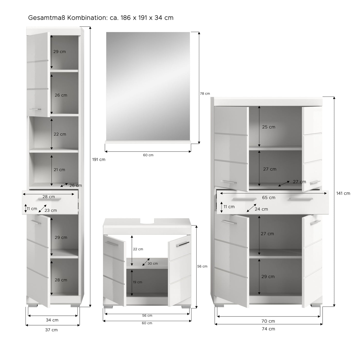 Homes & Jones Badezimmerset 4tlg., Badezimmer Set mit  Schränken und  Spiegel