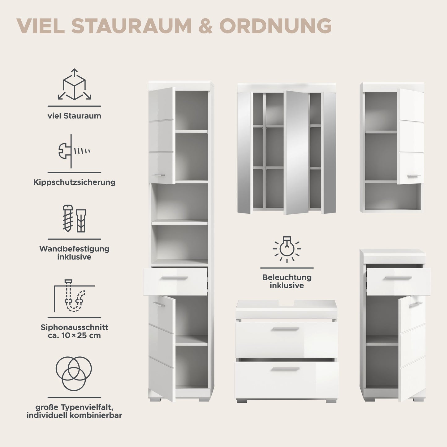 Badezimmöbel-Set in Weiß: Spiegelschrank, Stand- und Unterschränke mit Beleuchtung