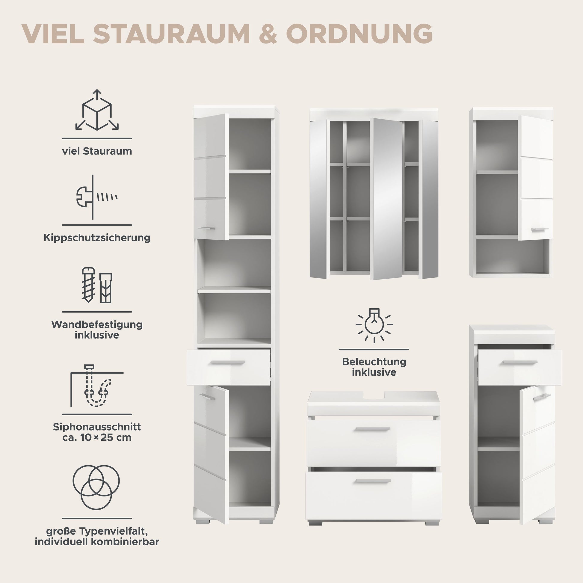 Badezimmöbel-Set in Weiß: Spiegelschrank, Stand- und Unterschränke mit Beleuchtung