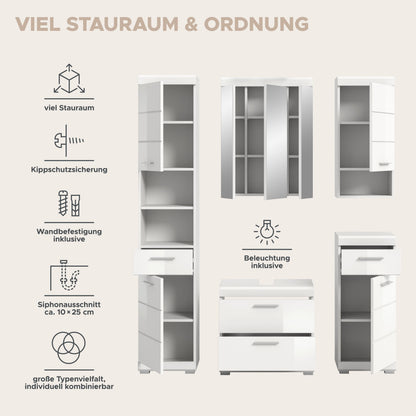 Badezimmöbel-Set in Weiß: Spiegelschrank, Stand- und Unterschränke mit Beleuchtung
