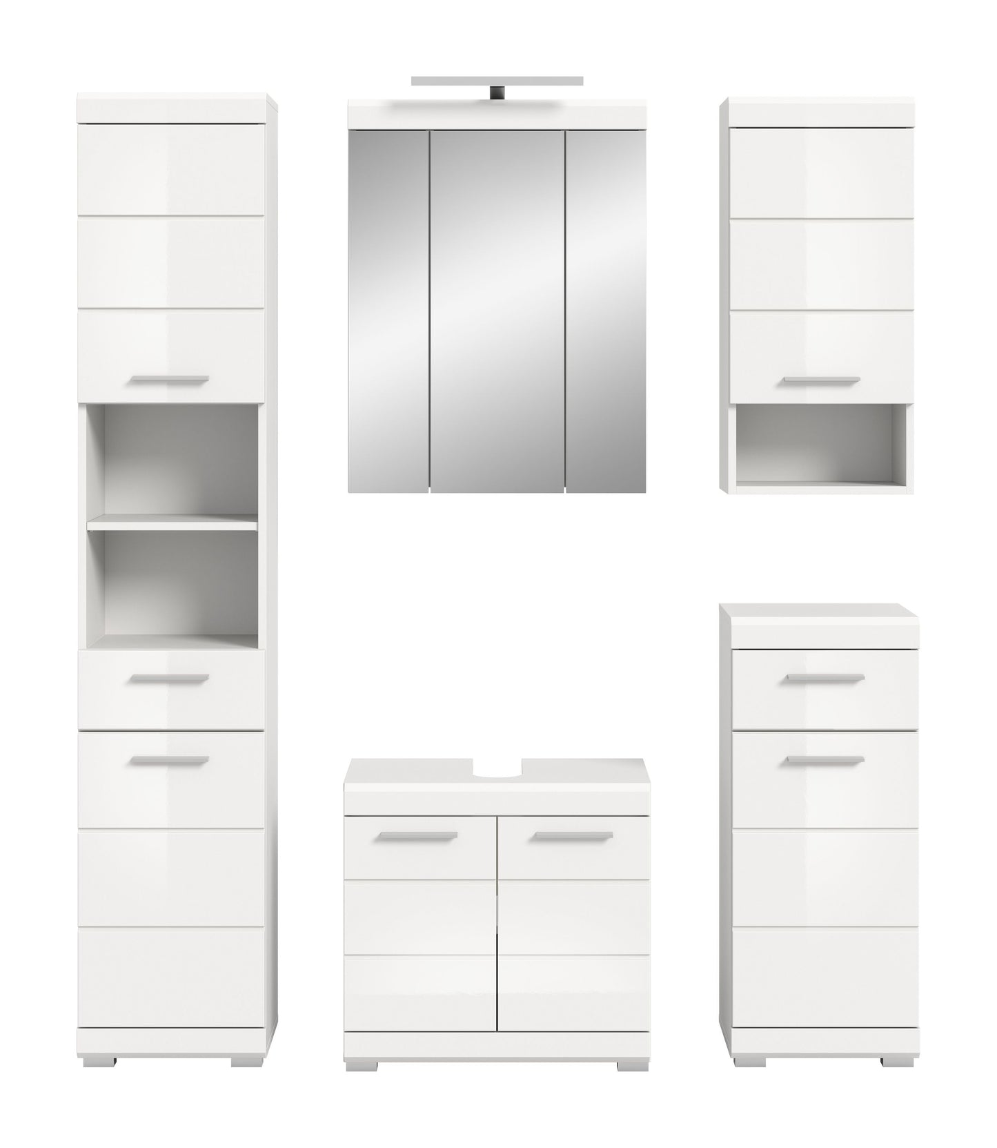 Badezimmerset in Weiß: Hochschrank, Spiegelschrank und Waschtischunterschrank