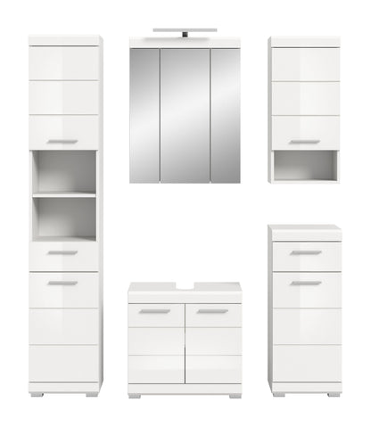 Badezimmerset in Weiß: Hochschrank, Spiegelschrank und Waschtischunterschrank
