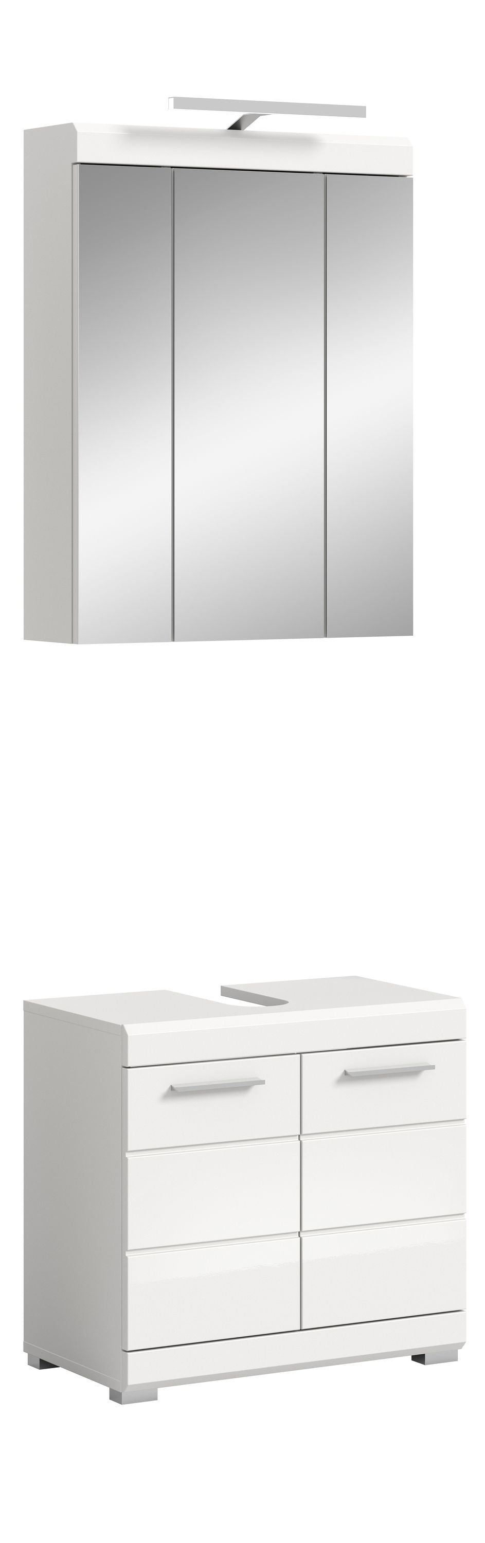 Weißes Badezimmerset mit Spiegelschrank und Waschtischunterschrank, Tür- und Schubladenfronten