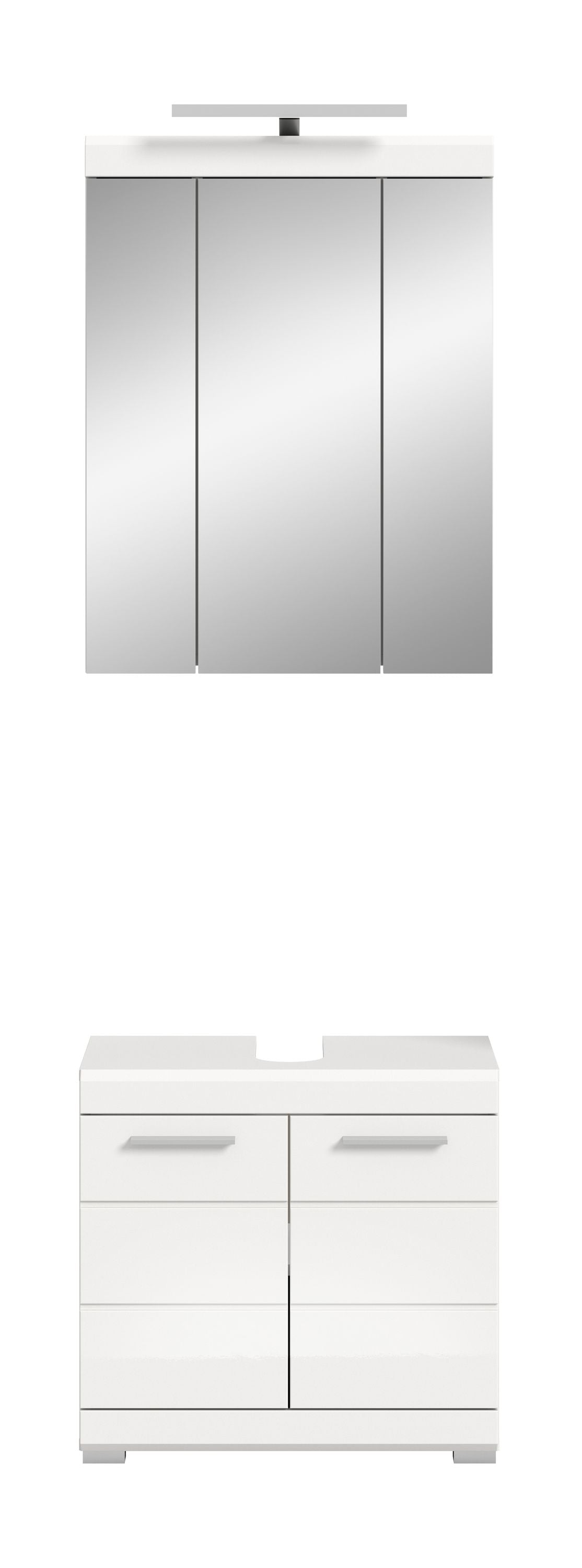 Weißes Spiegelschrank- und Waschtischunterschrank-Set mit Schubladen, Vorderansicht