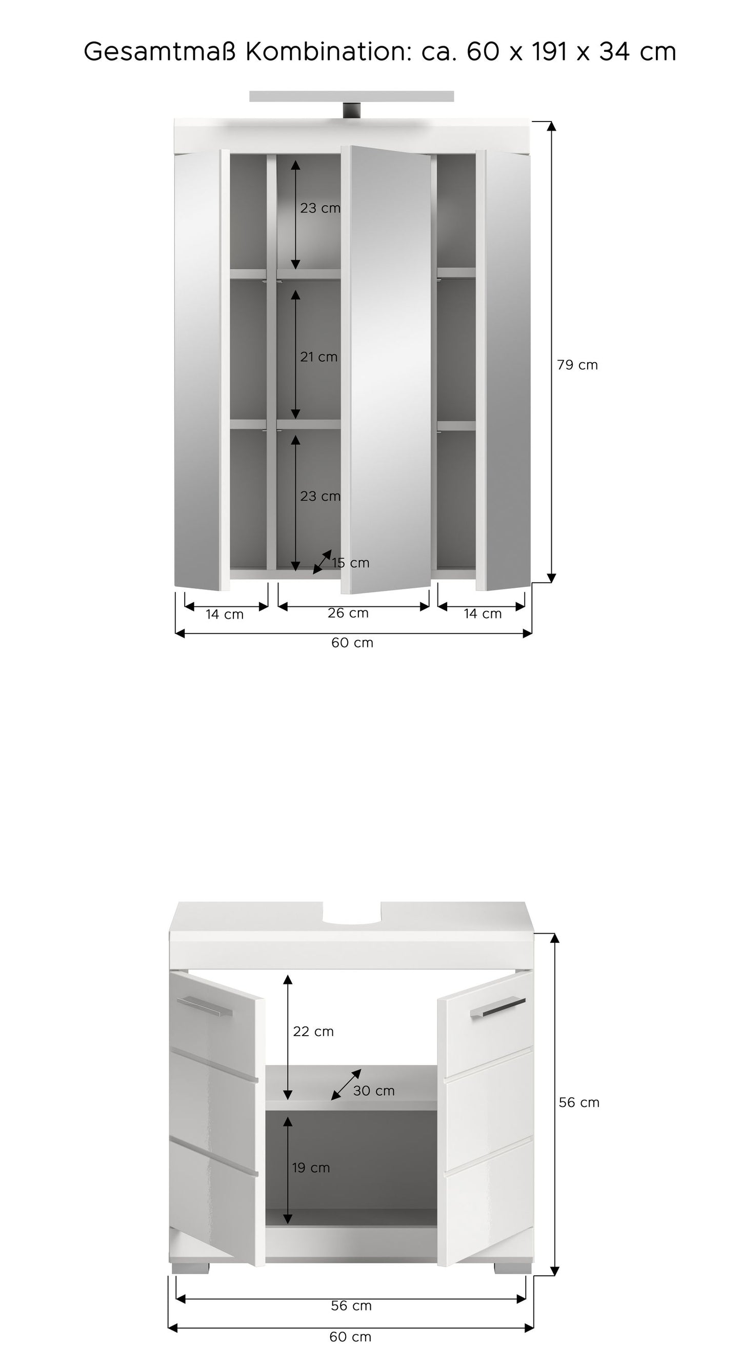 Maßzeichnung für Spiegelschrank-Set und Waschtischunterschrank, ca. 60 x 19 x 34 cm