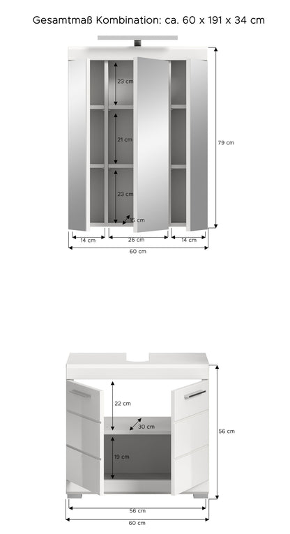 Maßzeichnung für Spiegelschrank-Set und Waschtischunterschrank, ca. 60 x 19 x 34 cm