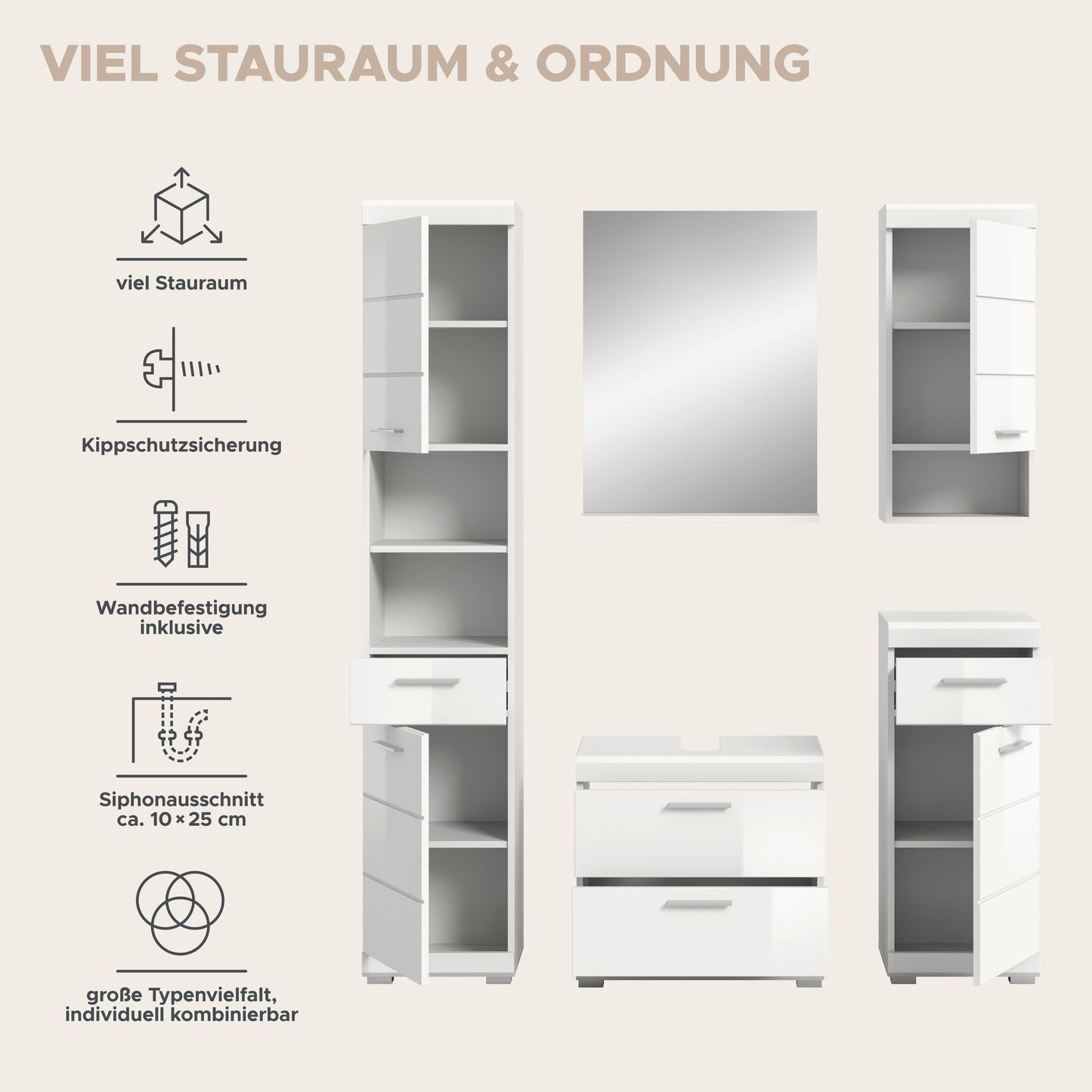 Homes & Jones Badezimmerset 5-tlg., Badezimmer Set mit Badschränken und Spiegel