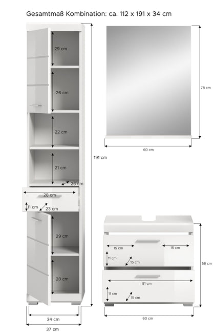Homes & Jones Badezimmerset 3-tlg., Badezimmer Set mit Badschränken und Spiegel