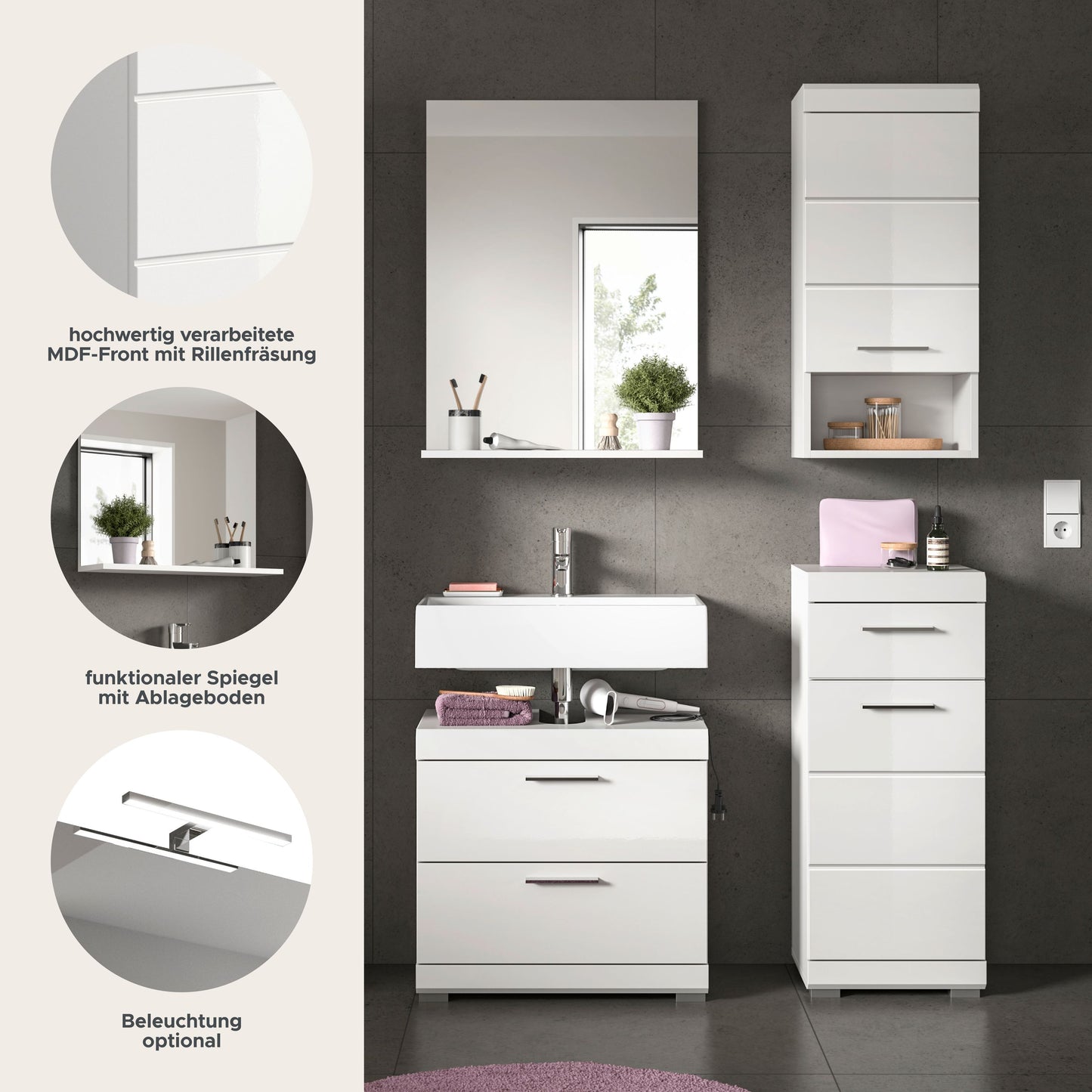 Homes & Jones Badezimmerset 4-tlg., Badezimmer Set mit Badschränken und Spiegel