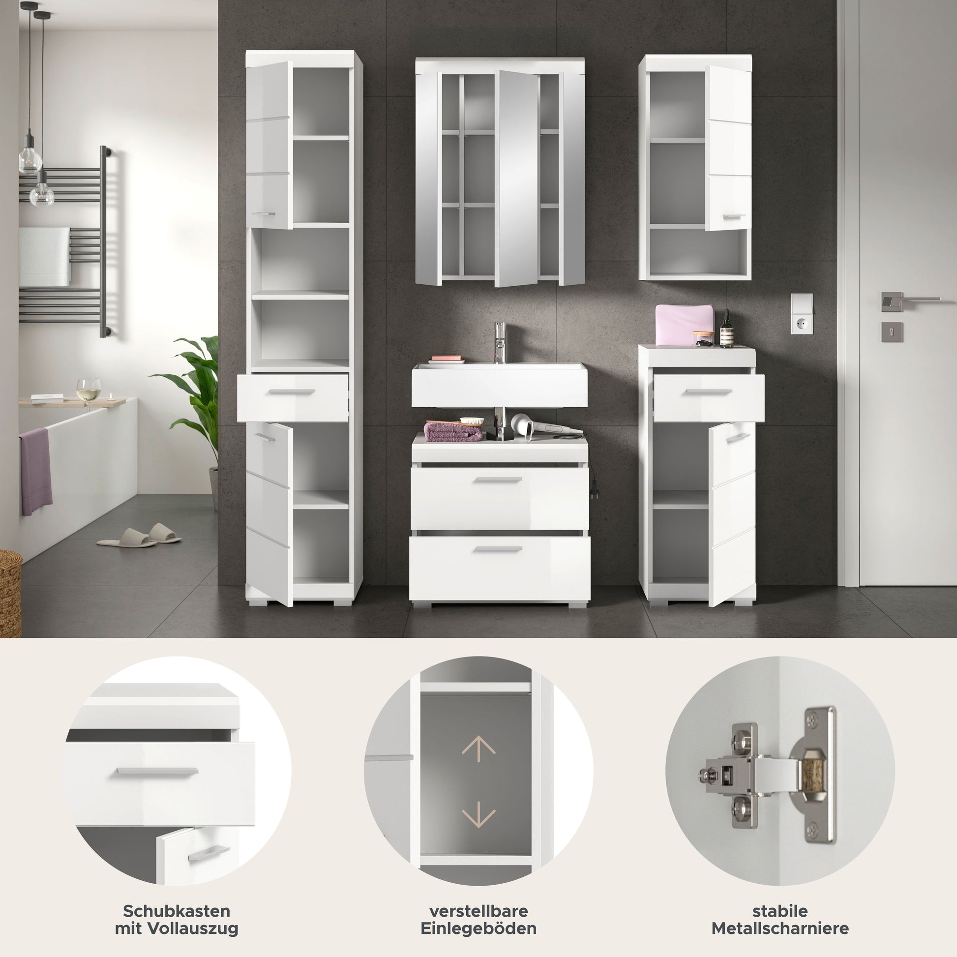 Badezimmerset mit Spiegelschrank, Waschtisch und Hochschränken in Weiß