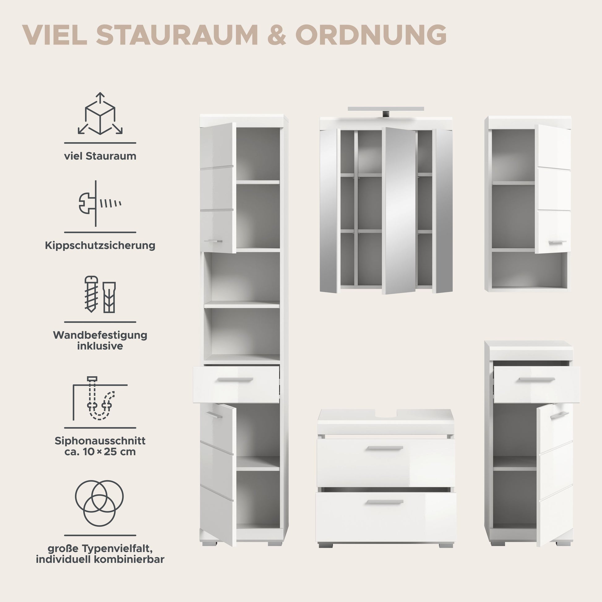 Badezimmerset-Übersicht: Spiegelschrank, Hochschrank und Waschtischunterschrank