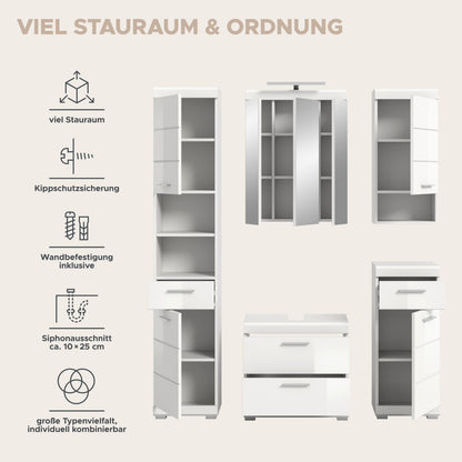 Badezimmerset-Übersicht: Spiegelschrank, Hochschrank und Waschtischunterschrank