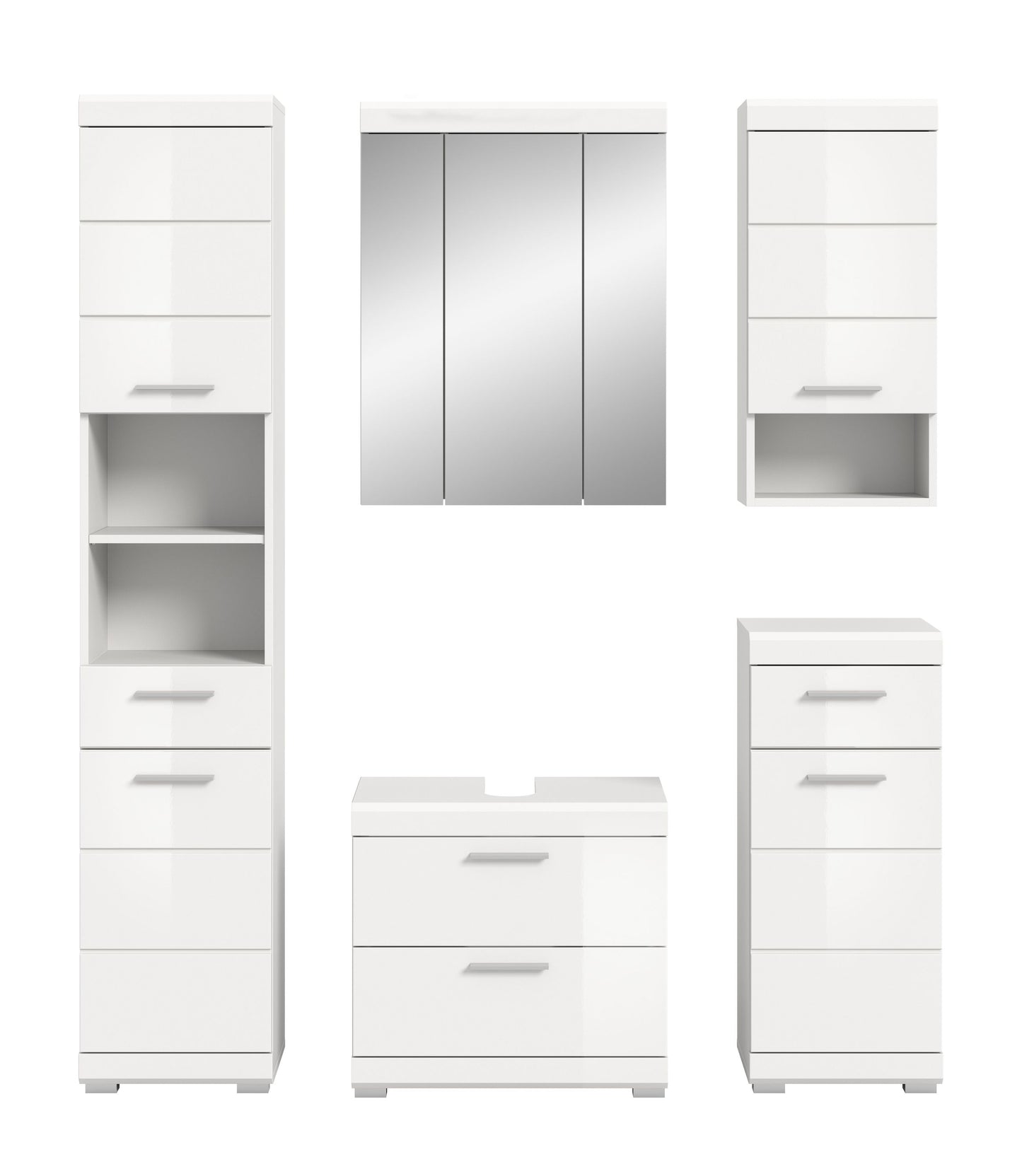 Badezimmerset mit Spiegelschrank, Hochschränken und Waschtisch-Unterschrank in Weiß