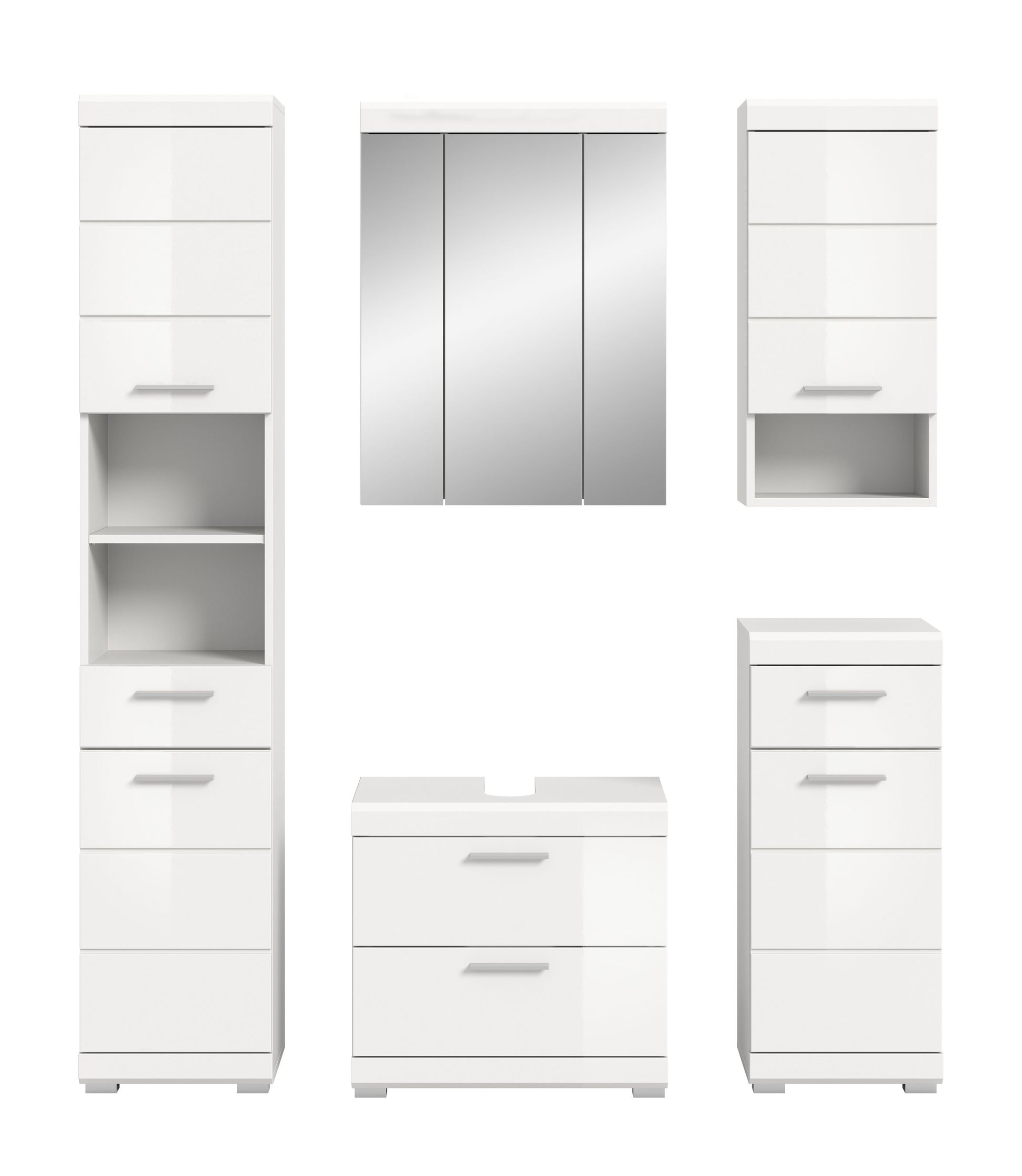 Badezimmerset mit Spiegelschrank, Hochschränken und Waschtisch-Unterschrank in Weiß