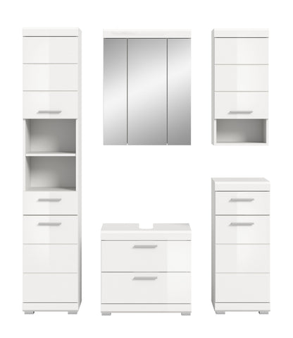 Badezimmerset mit Spiegelschrank, Hochschränken und Waschtisch-Unterschrank in Weiß