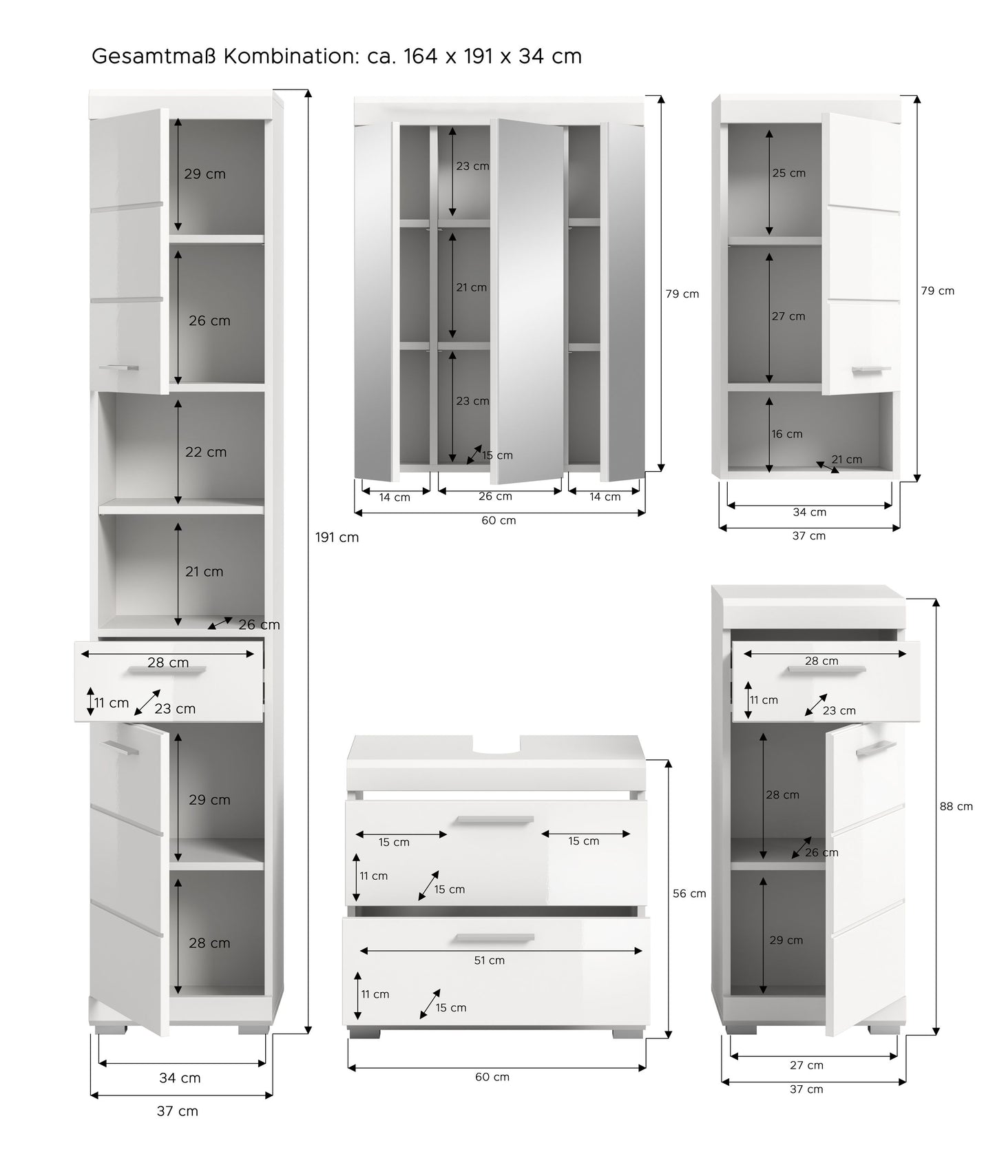 Badezimmerset 5-teilig mit Spiegelschrank, Hochschrank und Waschtischunterschrank