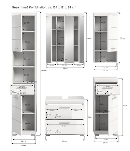 Badezimmerset 5-teilig mit Spiegelschrank, Hochschrank und Waschtischunterschrank
