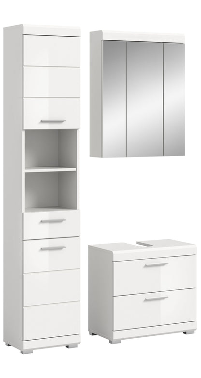 Weißes Badezimmerset mit Hochschrank, Spiegelschrank und Waschtischunterschrank mit Schubladen