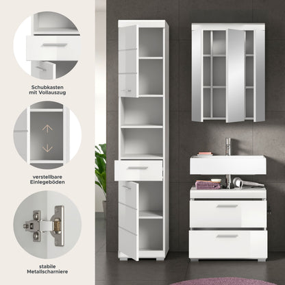 Badezimmerset mit weißem Hochschrank, Spiegelschrank und Waschtischkommode mit Schubladen