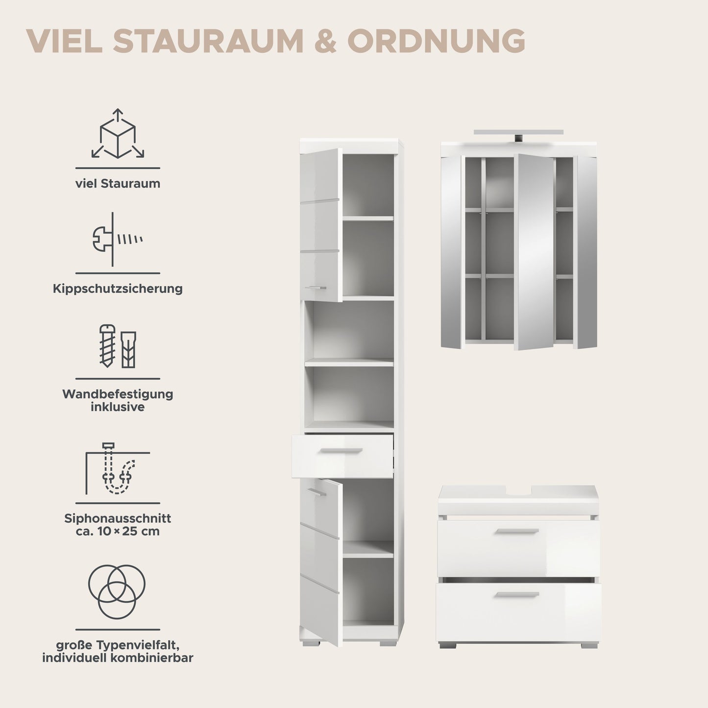 Badezimmerset-Ansicht mit weißem Hochschrank und Waschtischkommode, dazu Spiegelschrank