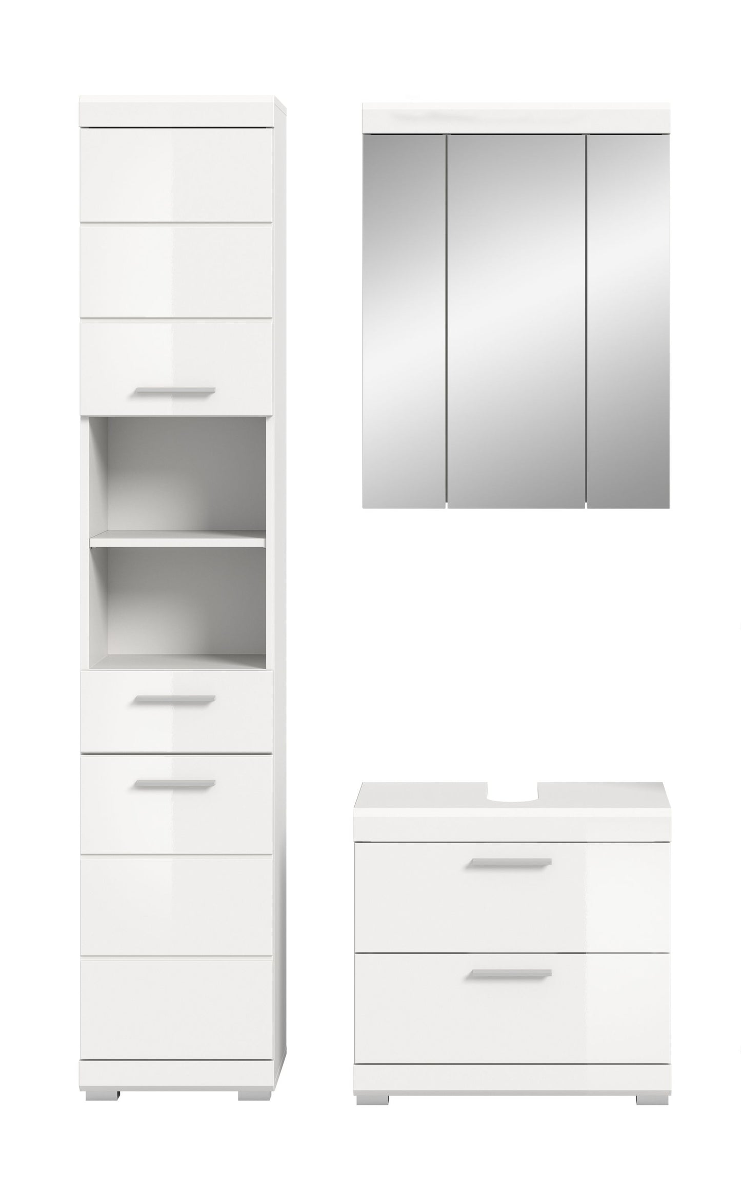 Weißes Badezimmerset: Hochschrank, Spiegelschrank und Waschtischunterschrank mit Griffleisten