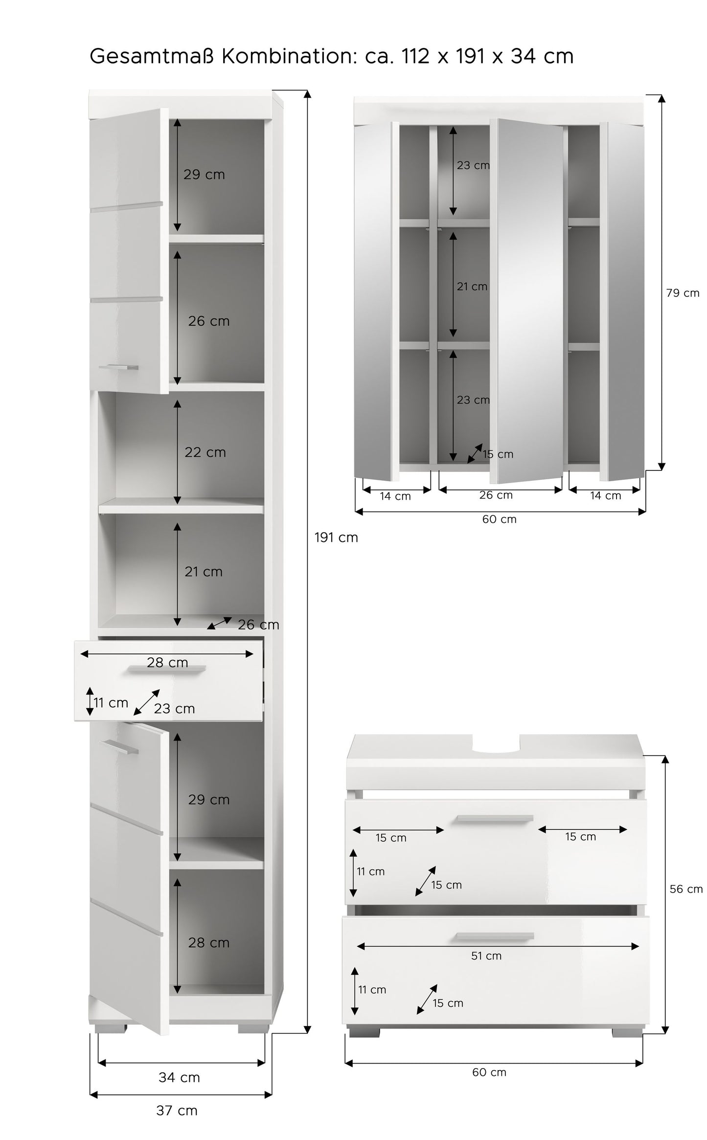 Maßskizze eines weißen Badezimmerschranks mit Spiegelschrank und Waschtischkommode, 3-tlg.